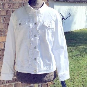 NWT Kim Rogers White Jean Jacket with Ruffle, PL